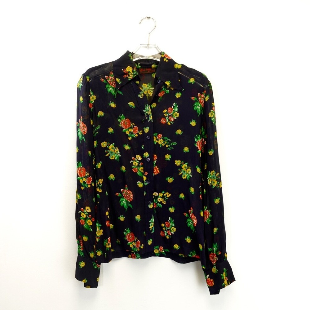 Vintage Floral Black Blouse Womens Small Sheer Tropical Button Up Boho ERIC ALEX